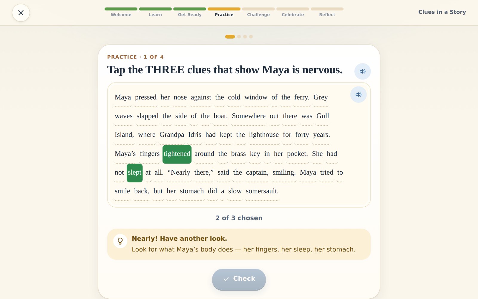 Real screen: after a wrong try, “Nearly! Have another look.” and a hint