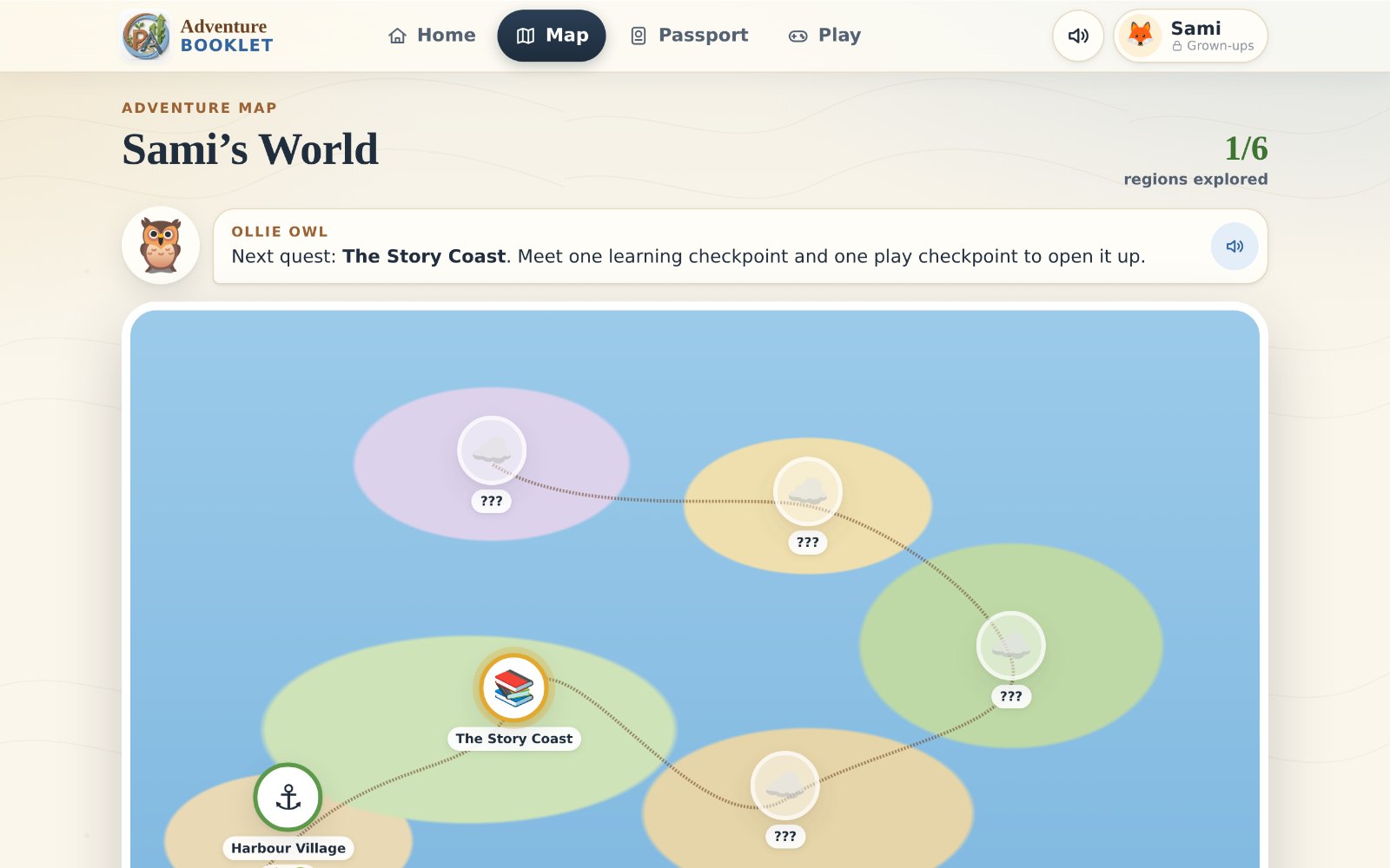 Real screen: the Adventure Map, Sami’s World, with regions still in the clouds