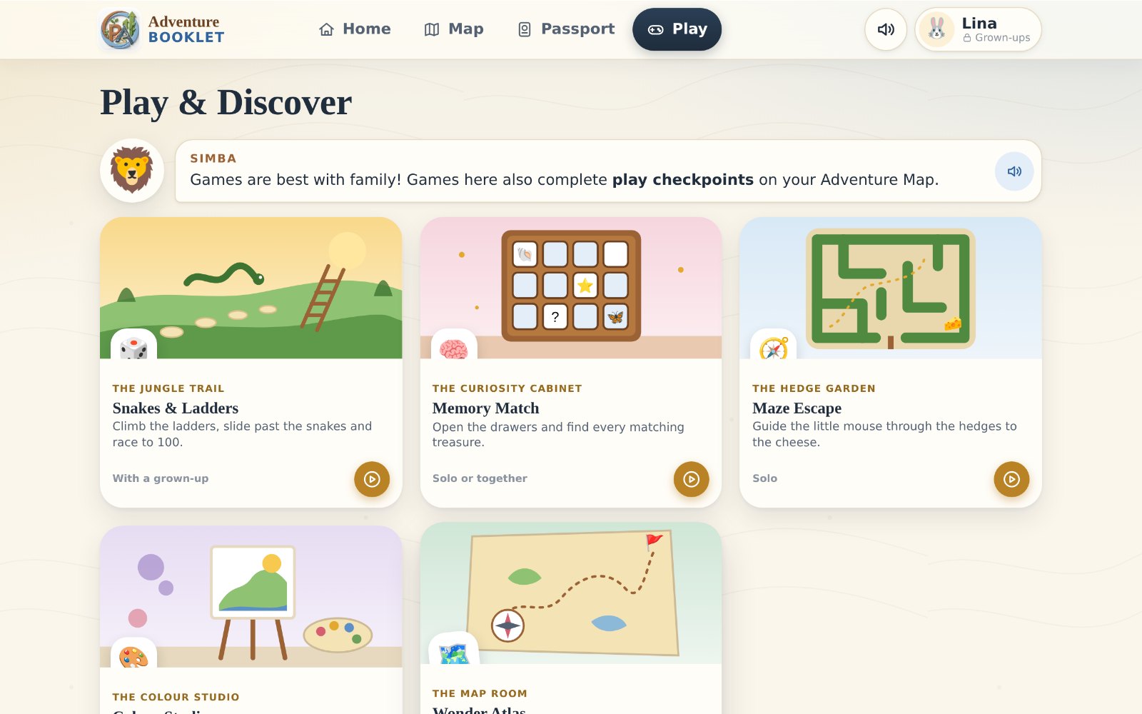 Play hub for a Year 1 child: Snakes and Ladders, Memory Match, Maze Escape and colouring