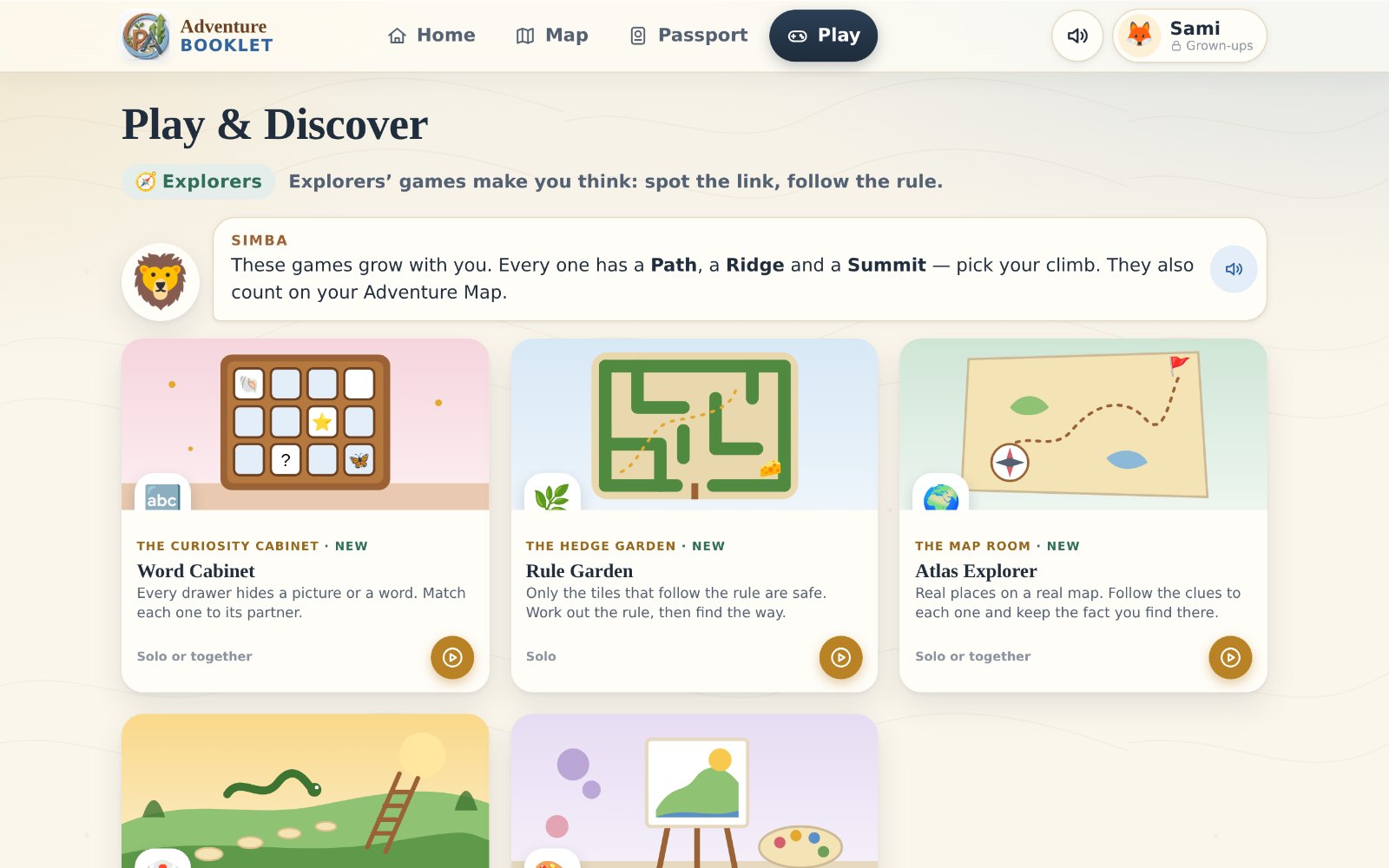 Play hub for a Year 4 child: Word Cabinet, Rule Garden and Atlas Explorer