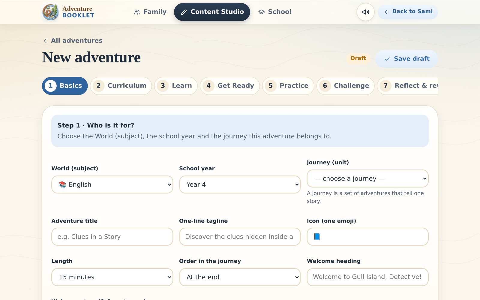 Real screen: Content Studio, new adventure wizard