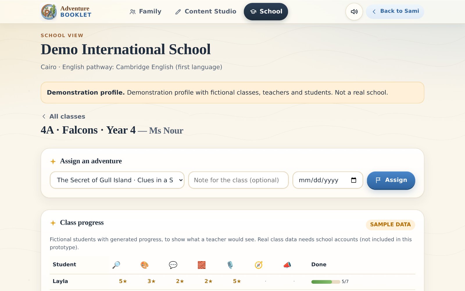 School class view with the SAMPLE DATA label