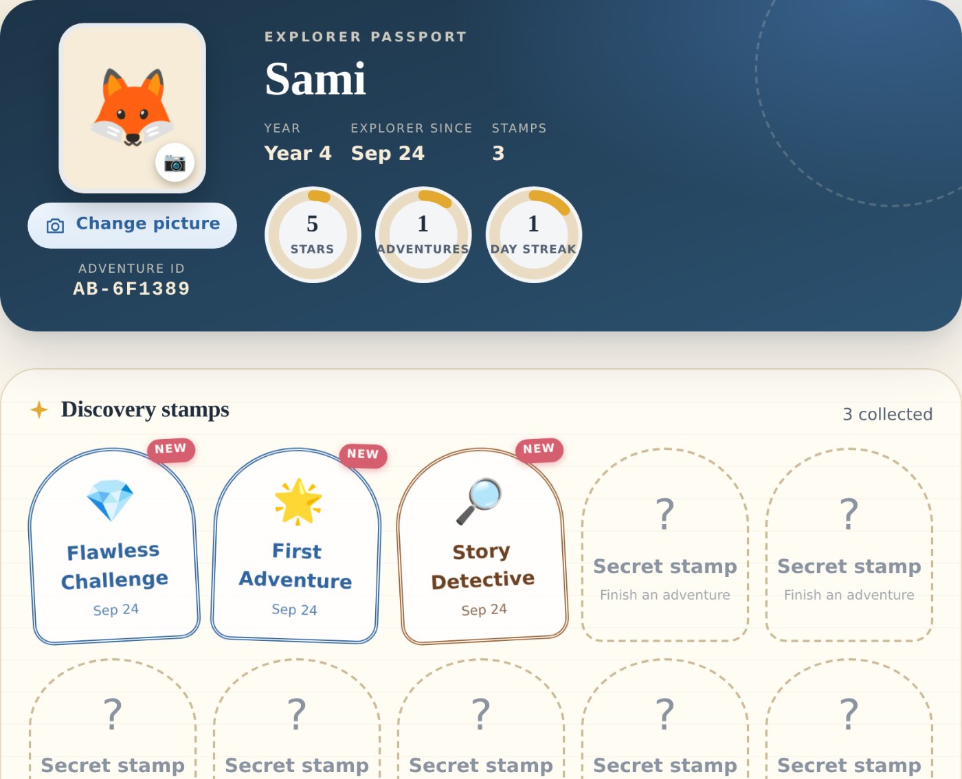 The real Passport: Sami, Year 4, 5 stars, 1 adventure, 3 discovery stamps collected